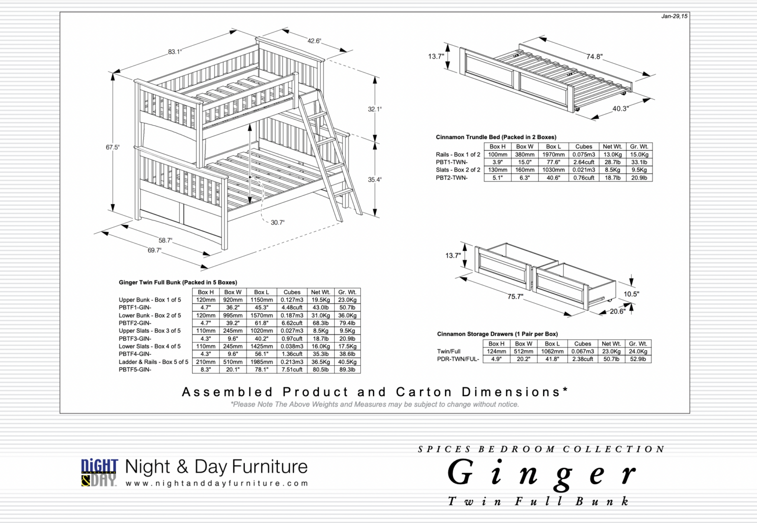 Twin-Full Ginger Bunk Bed Dimensions