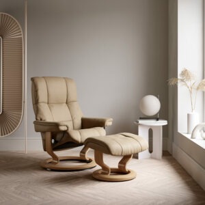 Mayfair Classic Chair & Ottoman_Paloma Leather-Sand_Oak Finish_Lifestyle_Stressless