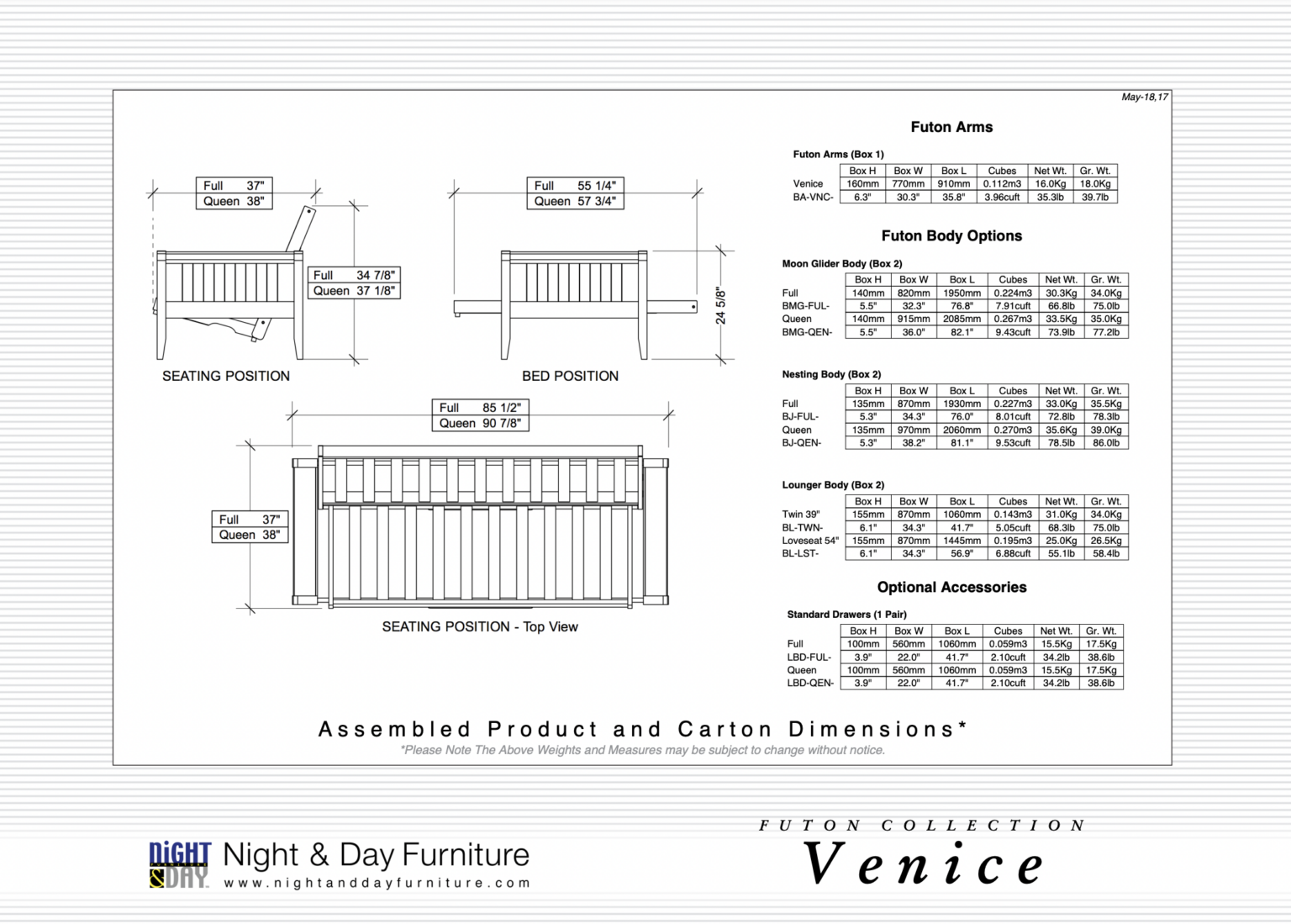 Venice Futon Dimensions_Night & Day