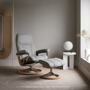Consul Signature Chair & Ottoman-Batick-Wild-Dove-Chrome-Oak_lifestyle_Stressless