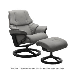 Reno Signature Chair & Ottoman_Paloma Leather Silver Grey_Matte Black-Black Finish