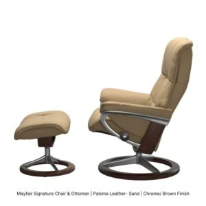 Mayfair Signature Chair & Ottoman_Paloma Leather-Sand_Brown Finish_Side View