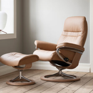 Sunrise Signature Chair & Ottoman_Paloma Leather Almond_Oak FInish_Lifestyle