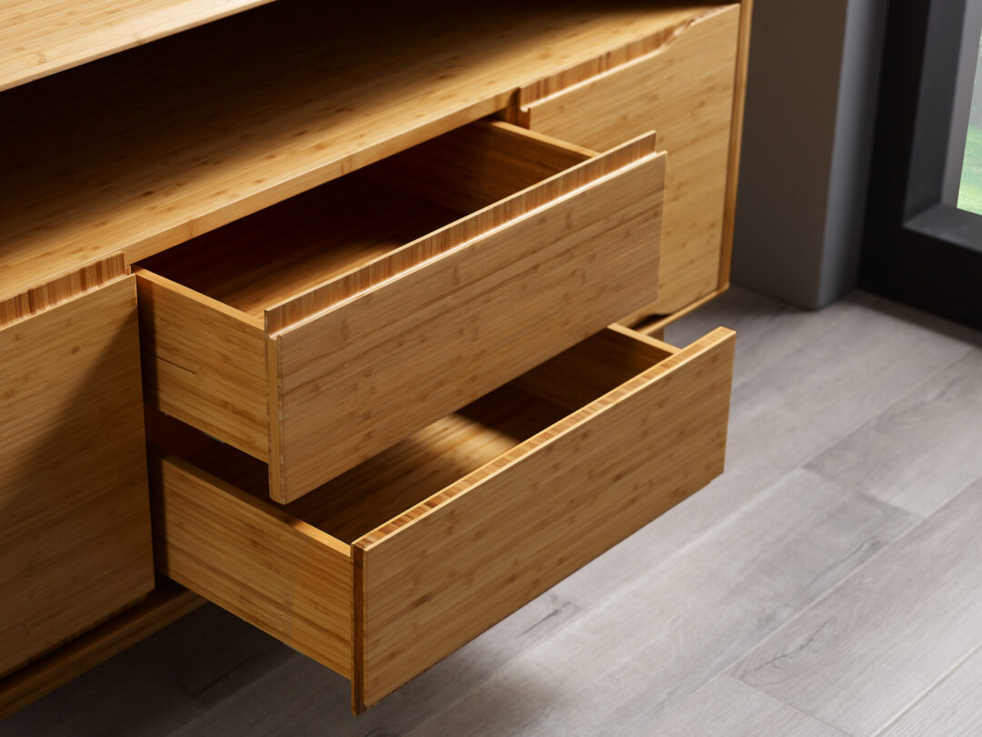Currant Media Cabinet_Caramelized Bamboo_Drawers Open View_Greenington