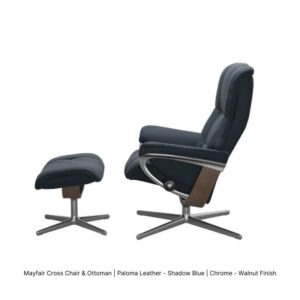 Mayfair Cross Chair & Ottoman_Paloma Leather-Shadow Blue_Walnut-Chrome_Sideview_Stressless