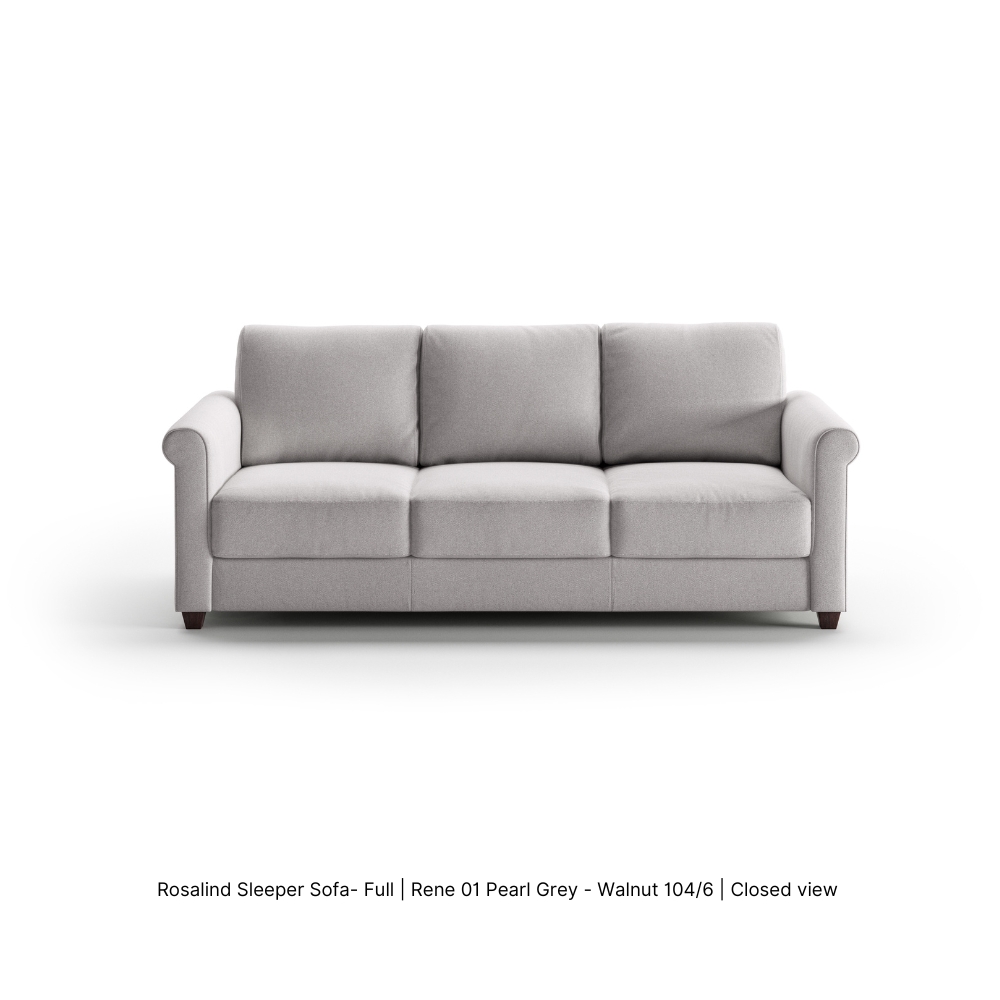 Rosalind Sleeper Sofa_Full Size_Rene 01 Pearl Grey_1046 Walnut Leg_Closed Front View_Luonto