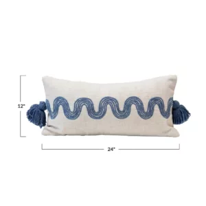 Lumbar Pillow with Embroidered Pattern & Tassels_Cream-Blue_Dimensions_Creative Co-Op