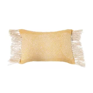 Stonewashed Cotton Slub Lumbar Pillow with Dot Pattern & Fringe_Mustard_Front View_Creative Co-Op