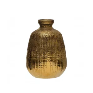 Textured Terra Cotta Vase with Lines_Gold Finish_Creative Co-Op