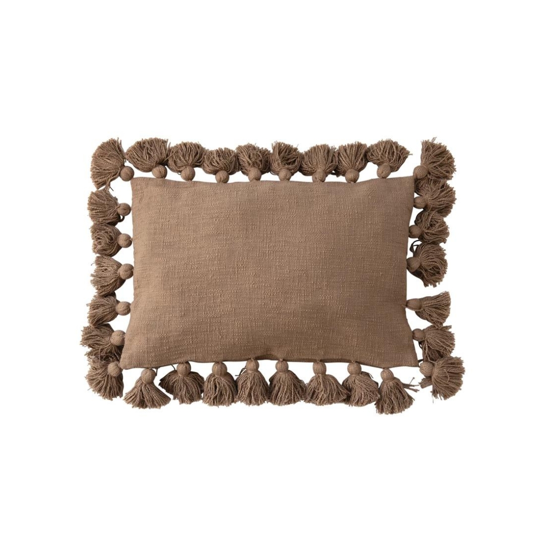 Woven Cotton Slub Lumbar Pillow with Tassels_Brown_Creative Co-Op