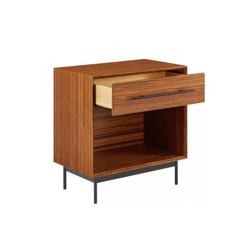 Taylor Nightstand_Amber Bamboo_Front Angle Drawer Open View_Greenington
