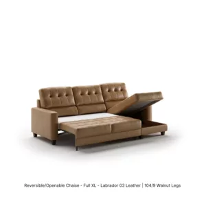 Noah Sectional Sleeper Sofa_Full XL_Labrador 03 Leather_104-9 Walnut Legs_Open Chaise View_Luonto