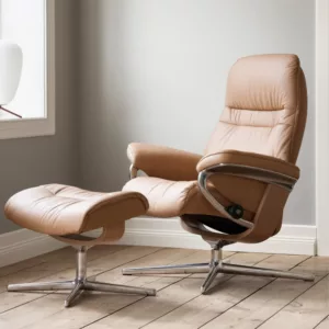 Sunrise Cross Chair & Ottoman_Paloma Lthr-Almond_Oak-Chrome Trim_Lifestyle_Stressless