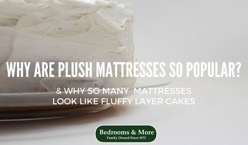 Photo of a white frosted cake with text overlay reading, "Why Are Plush Mattresses So Popular? & Why So Many Mattresses Look Like Fluffy Layer Cakes"